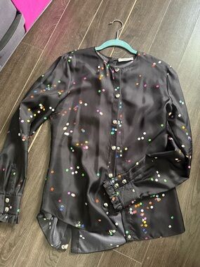 Givenchy Black Satin Top with Pink and Orange Polka Dots 42